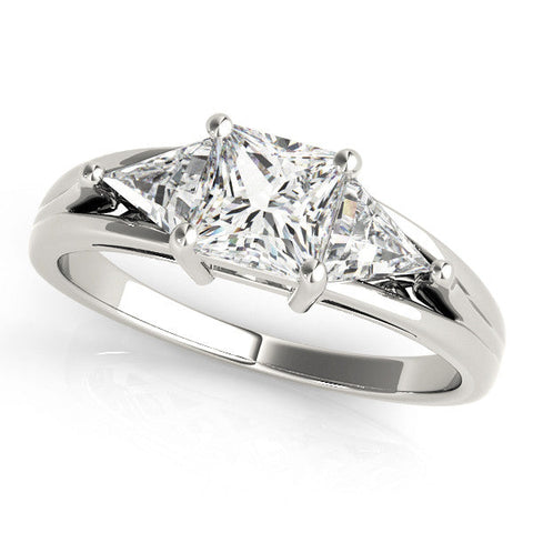 White gold Three-Stone Princess Cut Diamond Ring with Trillion Side Stones on a Split Shank Band