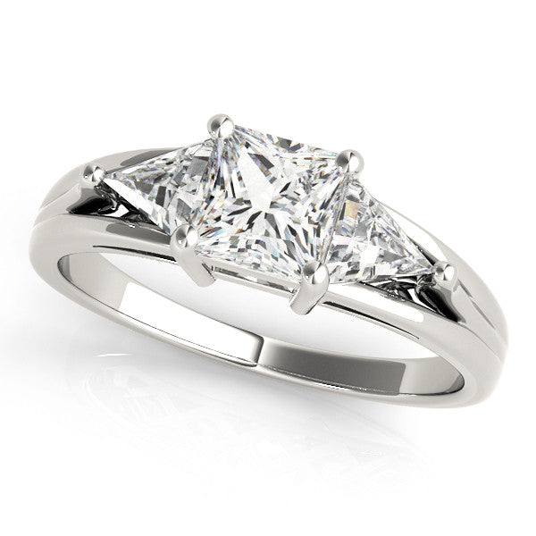 Platinum Three-Stone Princess Cut Diamond Ring with Trillion Side Stones on a Split Shank Band