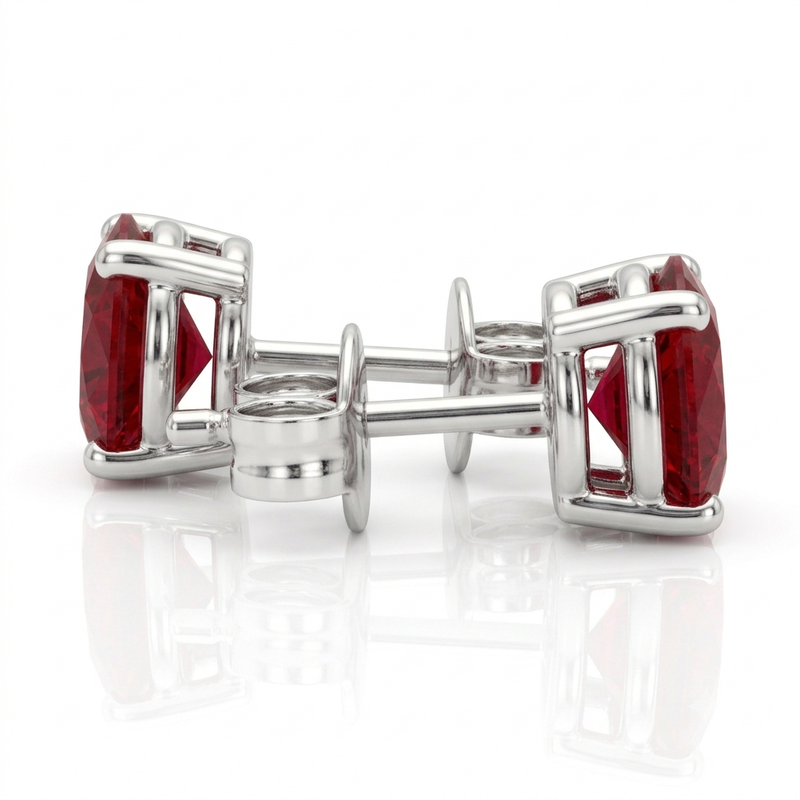 Timeless Round Cut Ruby And Diamond Stud Earrings With Four Prong Setting