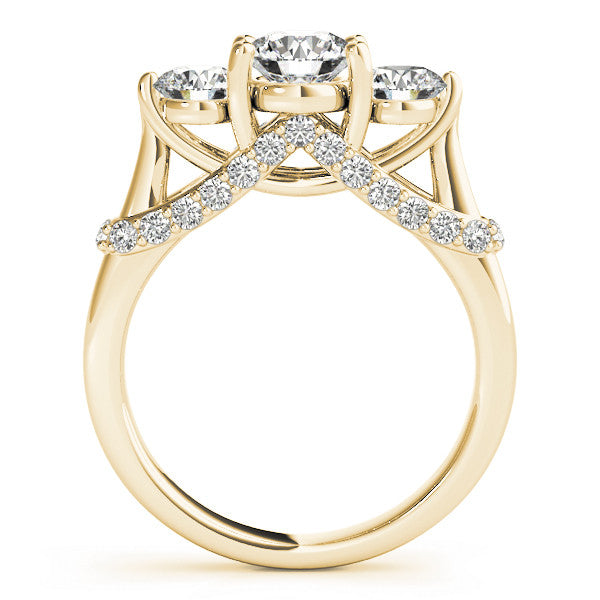 Yellow gold Three-Stone Round Diamond Pave Band with Prong Setting