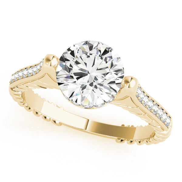 Yellow gold Round Solitaire Diamond Ring with Channel Set Band and Bezel Prong Setting