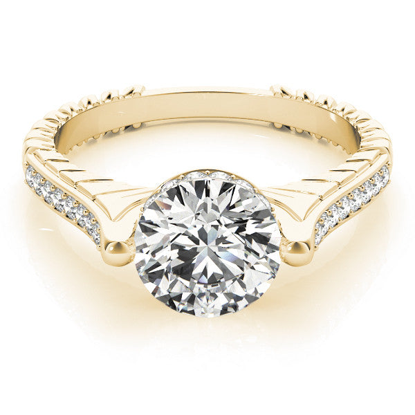 Yellow gold Round Solitaire Diamond Ring with Channel Set Band and Bezel Prong Setting