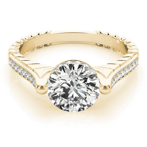 Yellow gold Round Solitaire Diamond Ring with Channel Set Band and Bezel Prong Setting