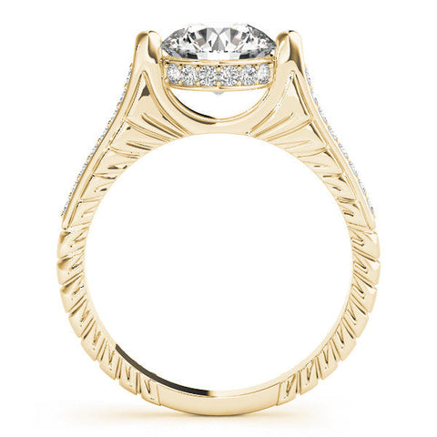Yellow gold Round Solitaire Diamond Ring with Channel Set Band and Bezel Prong Setting