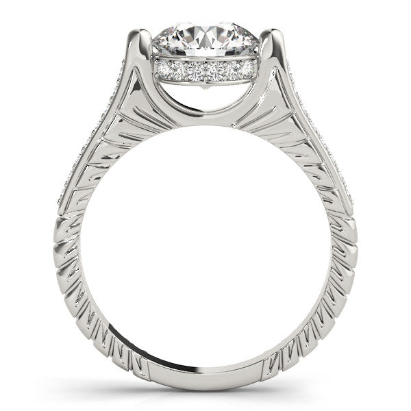 Silver Round Solitaire Diamond Ring with Channel Set Band and Bezel Prong Setting