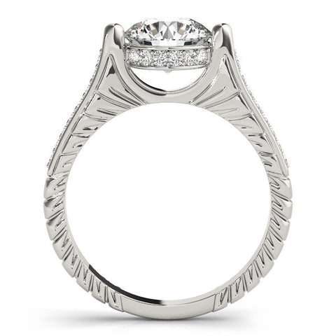 Silver Round Solitaire Diamond Ring with Channel Set Band and Bezel Prong Setting