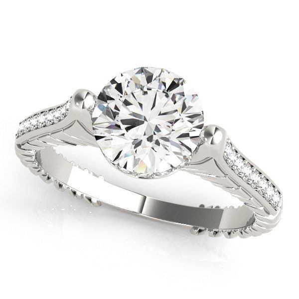 Silver Round Solitaire Diamond Ring with Channel Set Band and Bezel Prong Setting