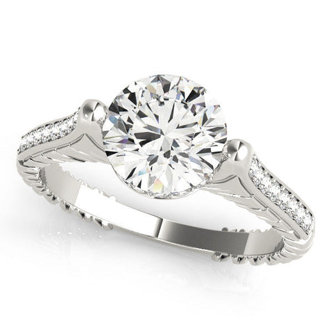 Silver Round Solitaire Diamond Ring with Channel Set Band and Bezel Prong Setting