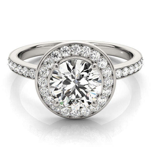 Platinum Round Halo Diamond Pave Band with Four-Prong Setting