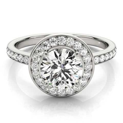 Platinum Round Halo Diamond Pave Band with Four-Prong Setting