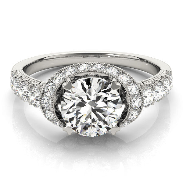 White gold Round Halo Pavé Split Shank Heart Prong Ring