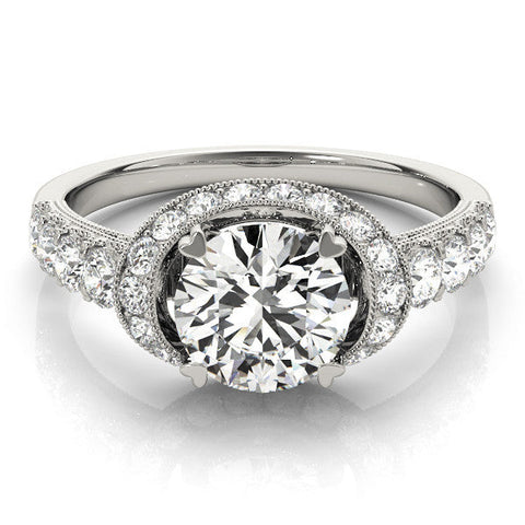White gold Round Halo Pavé Split Shank Heart Prong Ring