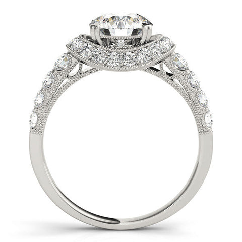 White gold Round Halo Pavé Split Shank Heart Prong Ring