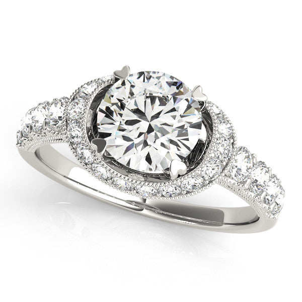 White gold Round Halo Pavé Split Shank Heart Prong Ring