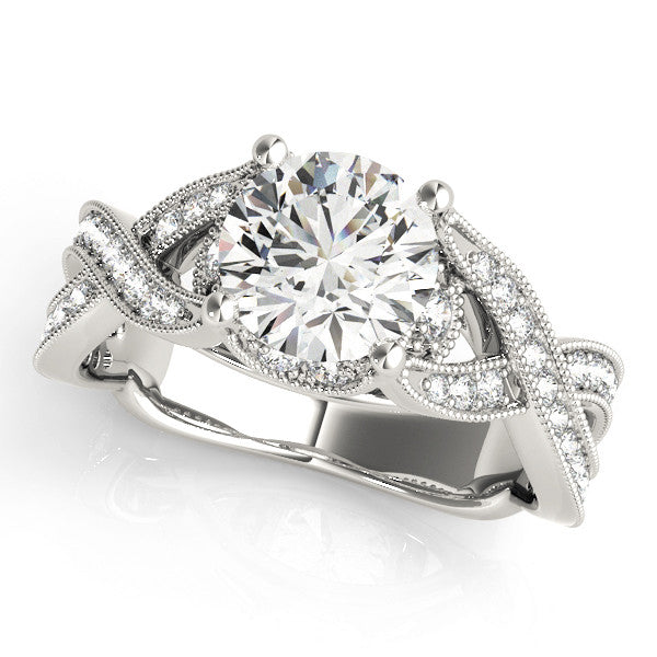 White gold Round Cut Diamond Twisted Band with Milgrain Pave Setting and Four-Prong Setting