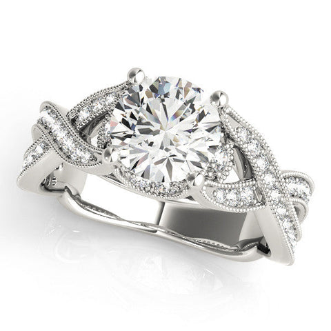 Platinum Round Cut Diamond Twisted Band with Milgrain Pave Setting and Four-Prong Setting