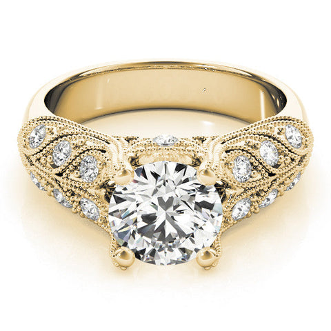 Yellow gold Round Cut Milgrain Pave Diamond Engagement Ring with Four-Prong Setting
