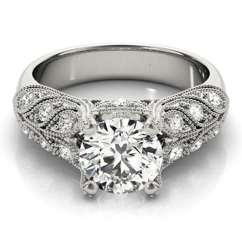 White gold Round Cut Milgrain Pave Diamond Engagement Ring with Four-Prong Setting