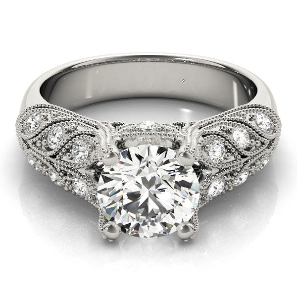 Silver Round Cut Milgrain Pave Diamond Engagement Ring with Four-Prong Setting