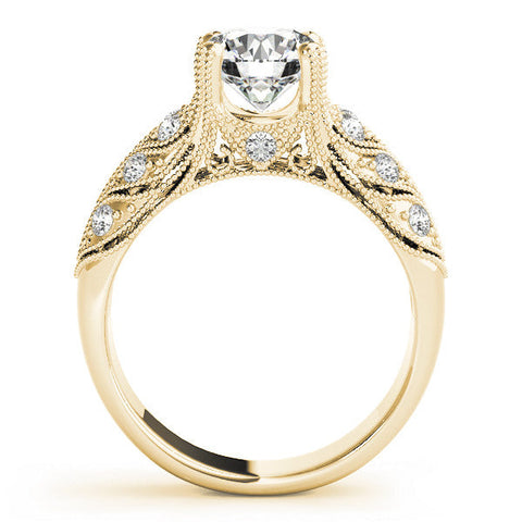 Yellow gold Round Cut Milgrain Pave Diamond Engagement Ring with Four-Prong Setting