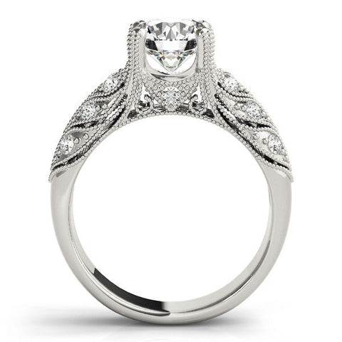 Silver Round Cut Milgrain Pave Diamond Engagement Ring with Four-Prong Setting