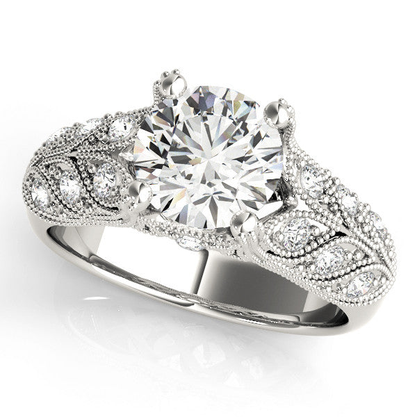 White gold Round Cut Milgrain Pave Diamond Engagement Ring with Four-Prong Setting