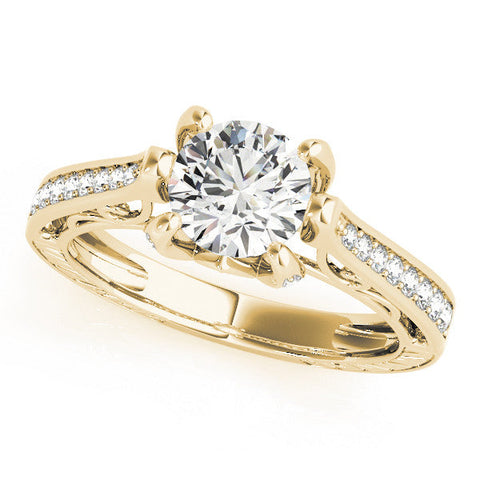 Yellow gold Round Cut Solitaire Diamond Ring with Pavé Band and Six-Prong Setting