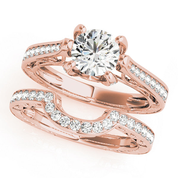 Rose gold Round Cut Solitaire Diamond Ring with Pavé Band and Six-Prong Setting