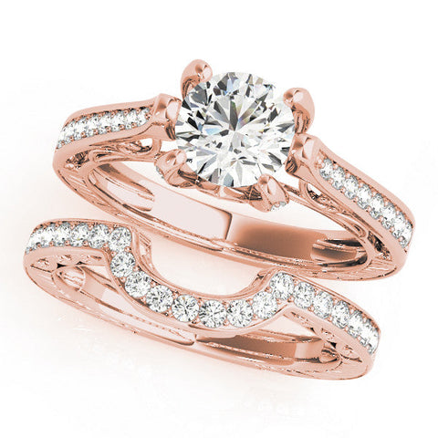 Rose gold Round Cut Solitaire Diamond Ring with Pavé Band and Six-Prong Setting