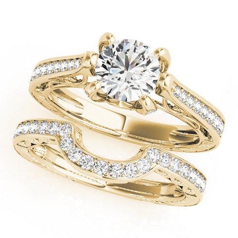 Yellow gold Round Cut Solitaire Diamond Ring with Pavé Band and Six-Prong Setting