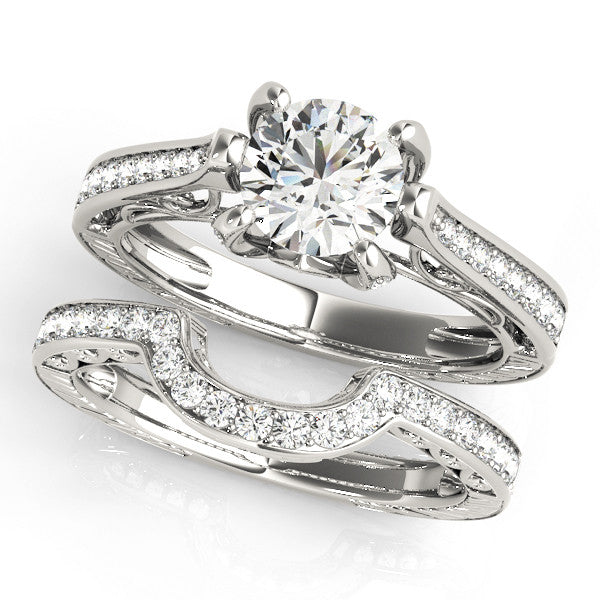 Silver Round Cut Solitaire Diamond Ring with Pavé Band and Six-Prong Setting