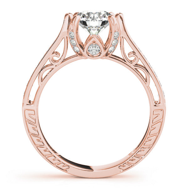 Rose gold Round Cut Solitaire Diamond Ring with Pavé Band and Six-Prong Setting