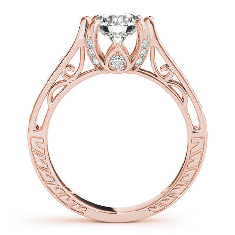 Rose gold Round Cut Solitaire Diamond Ring with Pavé Band and Six-Prong Setting