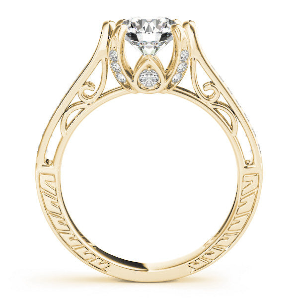 Yellow gold Round Cut Solitaire Diamond Ring with Pavé Band and Six-Prong Setting