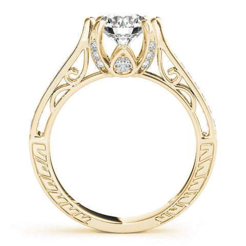 Yellow gold Round Cut Solitaire Diamond Ring with Pavé Band and Six-Prong Setting