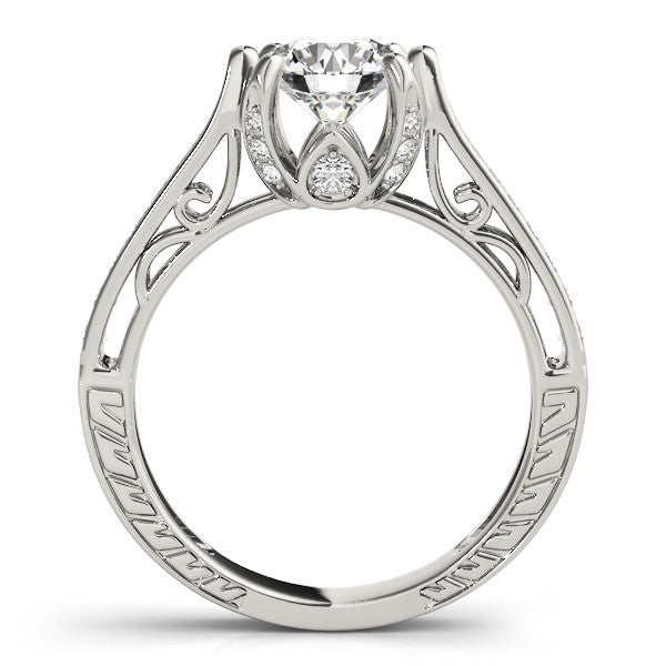 Silver Round Cut Solitaire Diamond Ring with Pavé Band and Six-Prong Setting