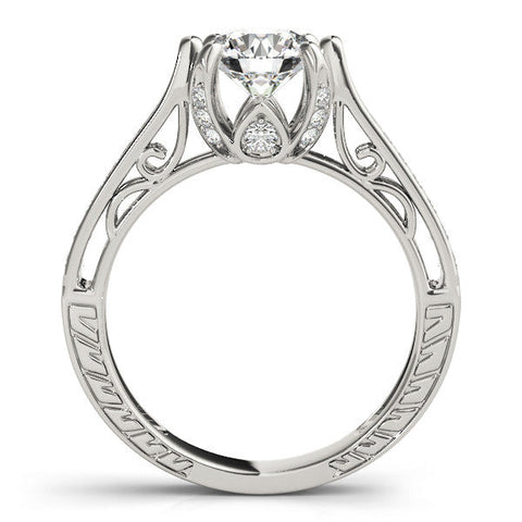 Silver Round Cut Solitaire Diamond Ring with Pavé Band and Six-Prong Setting