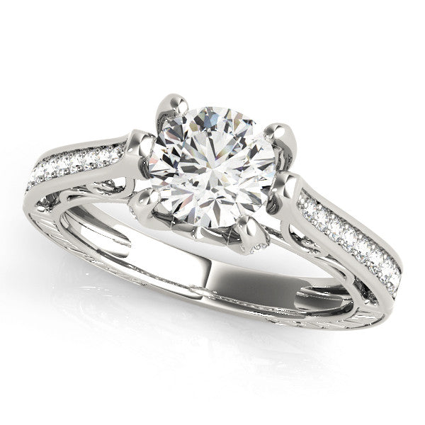 Silver Round Cut Solitaire Diamond Ring with Pavé Band and Six-Prong Setting