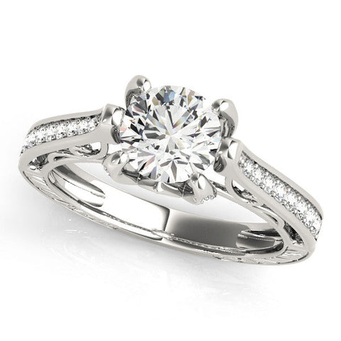 Silver Round Cut Solitaire Diamond Ring with Pavé Band and Six-Prong Setting