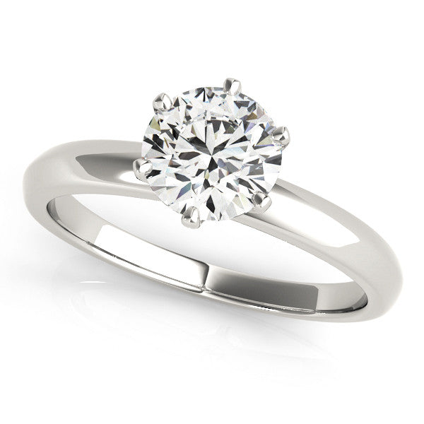White gold Round Solitaire Diamond Ring with Six-Prong Setting on a Classic Band