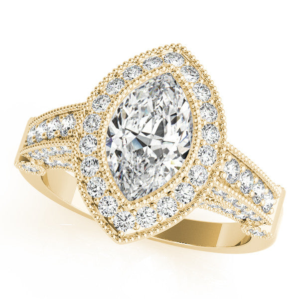 Yellow gold Marquise Halo Diamond Split Shank Pave Ring
