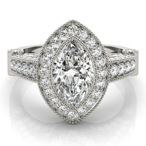 White gold Marquise Halo Diamond Split Shank Pave Ring