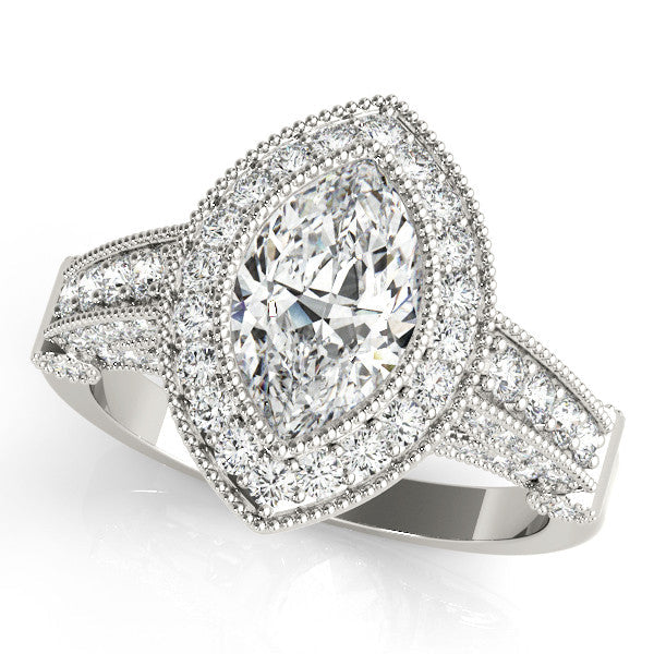White gold Marquise Halo Diamond Split Shank Pave Ring