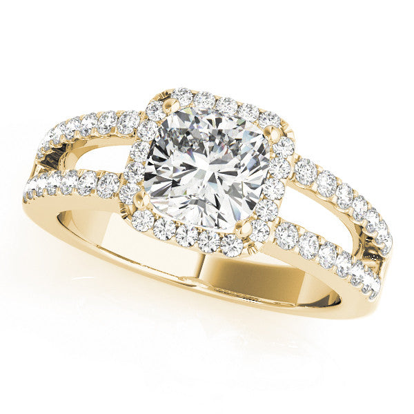 Yellow gold Cushion Halo Split Shank Diamond Ring with Four-Prong Setting
