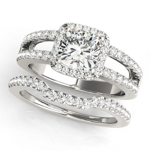White gold Cushion Halo Split Shank Diamond Ring with Four-Prong Setting