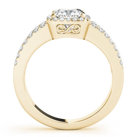 Yellow gold Cushion Halo Split Shank Diamond Ring with Four-Prong Setting