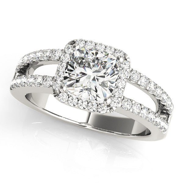 White gold Cushion Halo Split Shank Diamond Ring with Four-Prong Setting