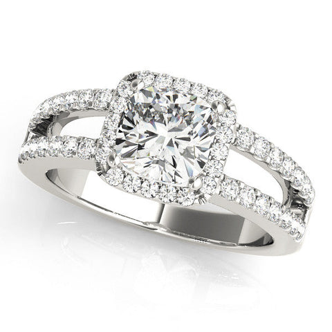 Silver Cushion Halo Split Shank Diamond Ring with Four-Prong Setting
