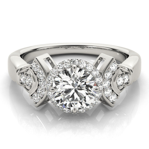 Platinum Round Halo Diamond Split Shank Engagement Ring with Four-Prong Setting