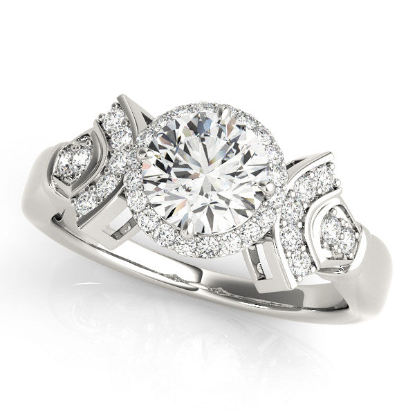Platinum Round Halo Diamond Split Shank Engagement Ring with Four-Prong Setting